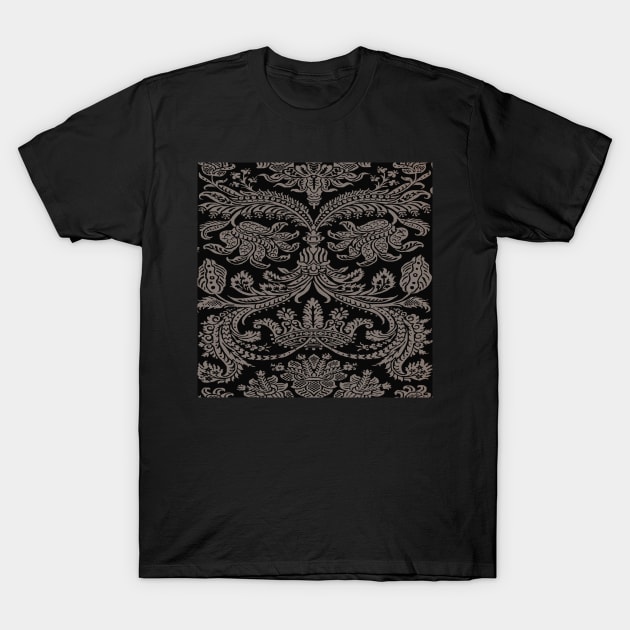 Grey on Black Gothic Royal Medieval Damask Scrolls T-Shirt by JamieWetzel